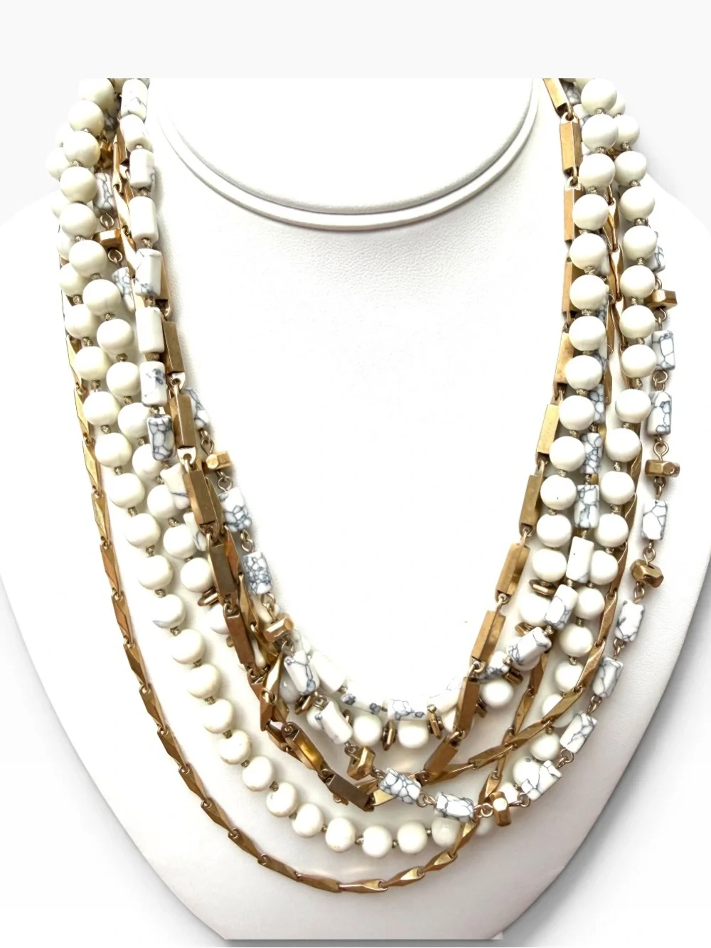 Stella & Dot Sutton Multi Strand Necklace White Ivory Gold Tone Beaded 18”